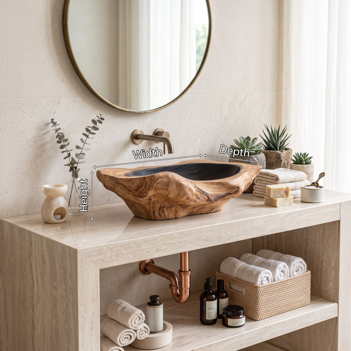 Handcrafted Solid Wood Sink, Live Edge Wooden Vessel Wash Basin Bowl with Natural Wood Grain Texture for Farmhouse Bathroom Vanity
