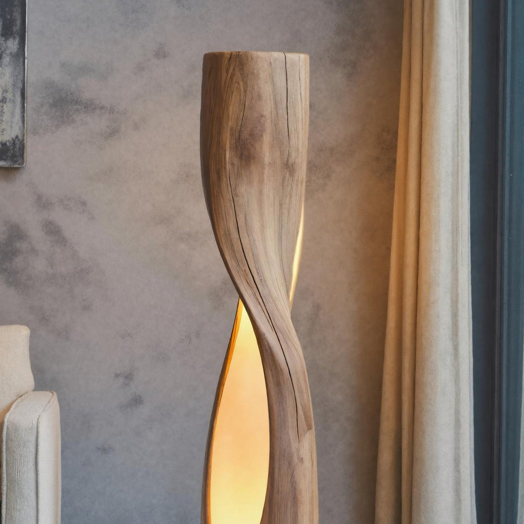Spiral Carved Wood Column Floor Lamp with Cutouts, 47 to 71 in Tall