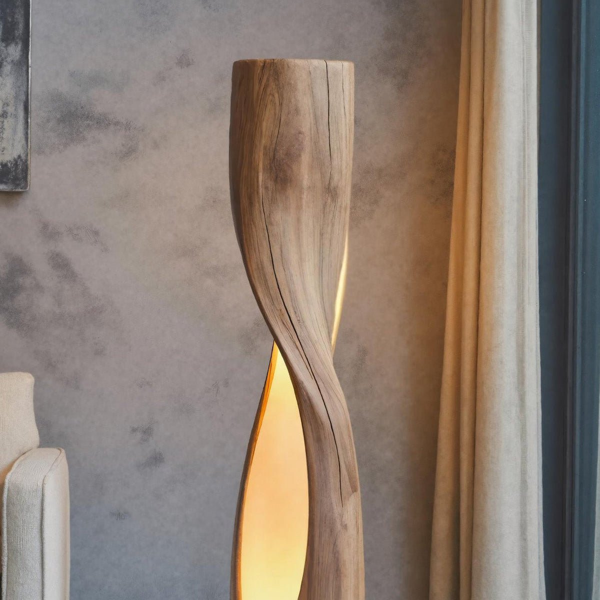 Spiral Carved Wood Column Floor Lamp with Cutouts, 47 to 71 in Tall