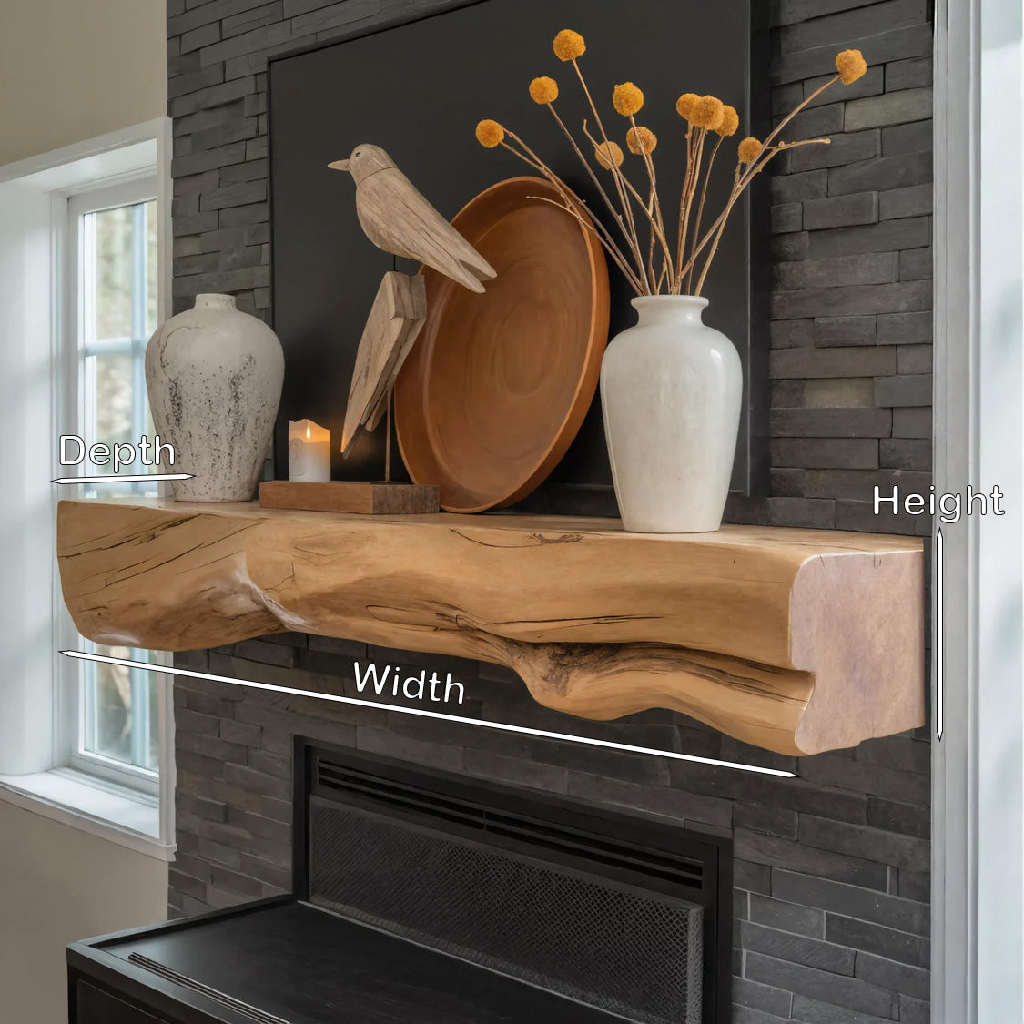 Single-Block Live Edge Fireplace Mantel with Knots, 36 to 84 Inch