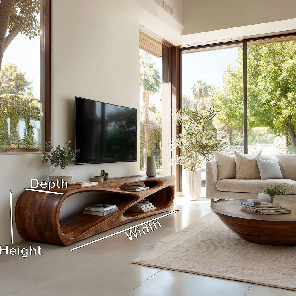 Low Profile Curved Wood Media Console With Open Storage
