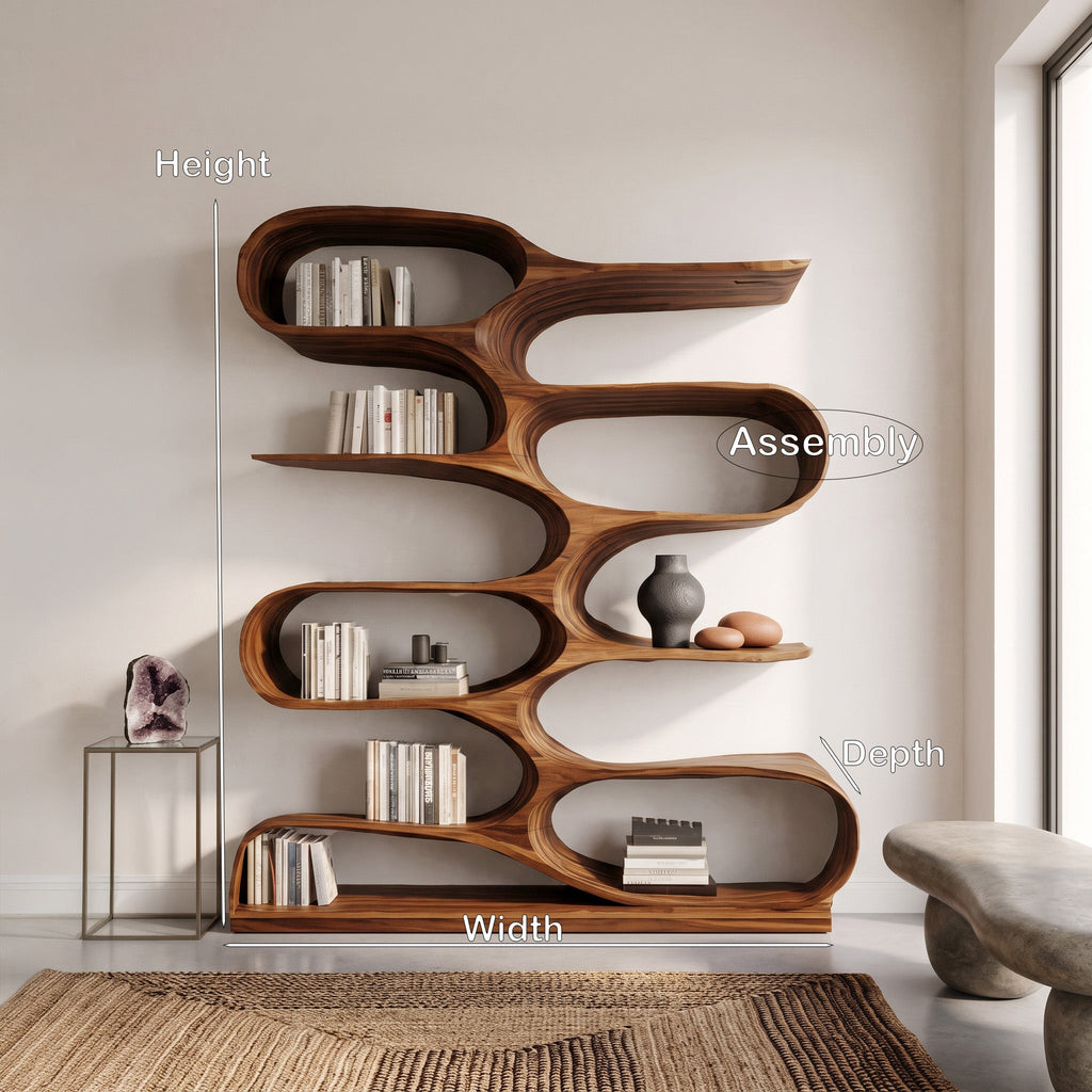 Wavy Tiered Wood Bookcase for Living Room or Study, 47 to 80 in Tall