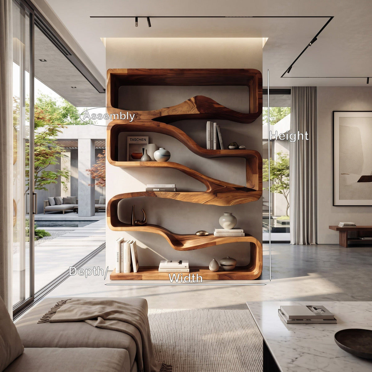 Modern Curved Bookshelf With Flowing Design For Bedroom