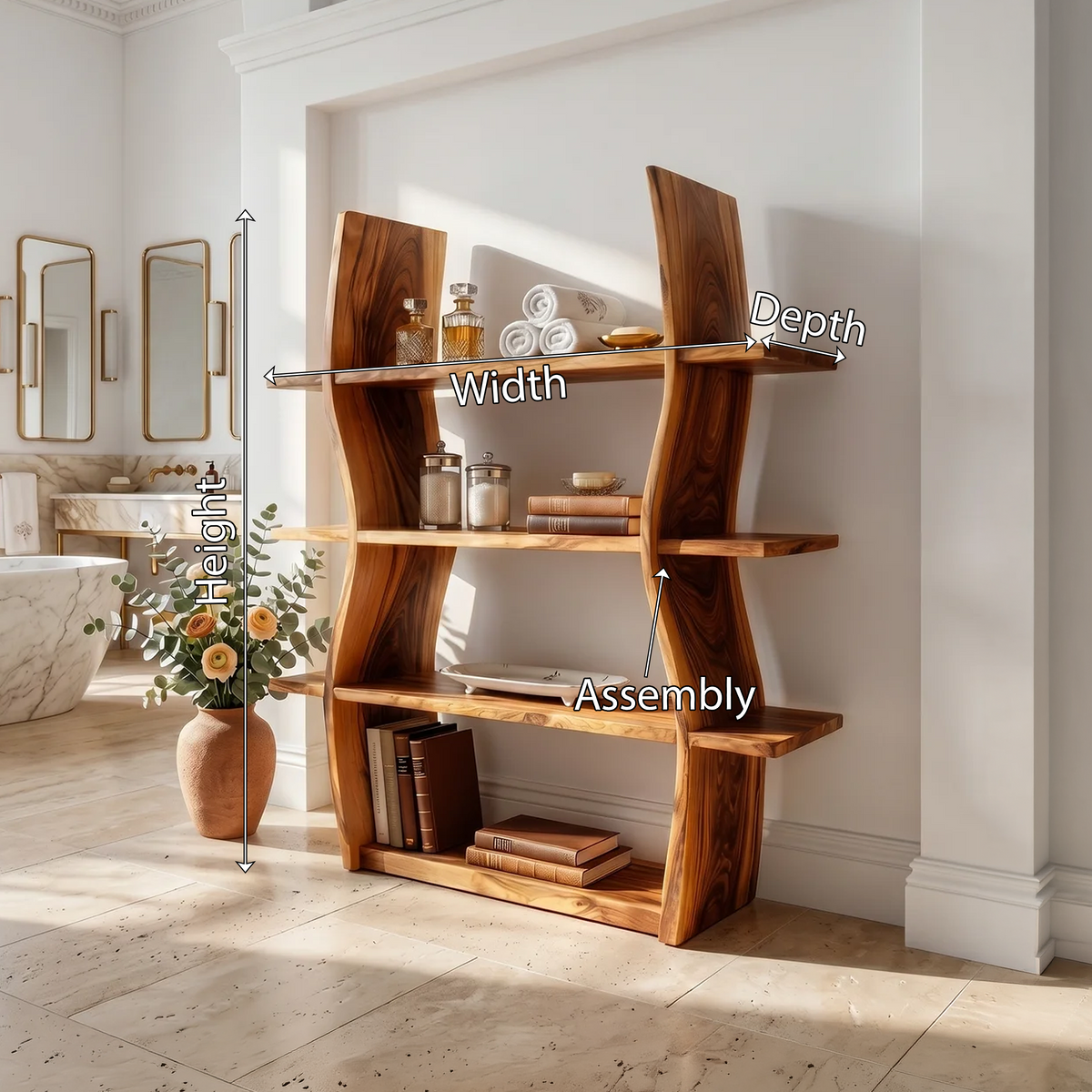 Wave Form Open Wood Storage Shelf, 47 To 79 Inch Tall