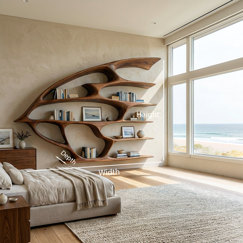 Wide Flowing Wall-Mounted Wood Bookshelf, 60 to 75 Inch Long