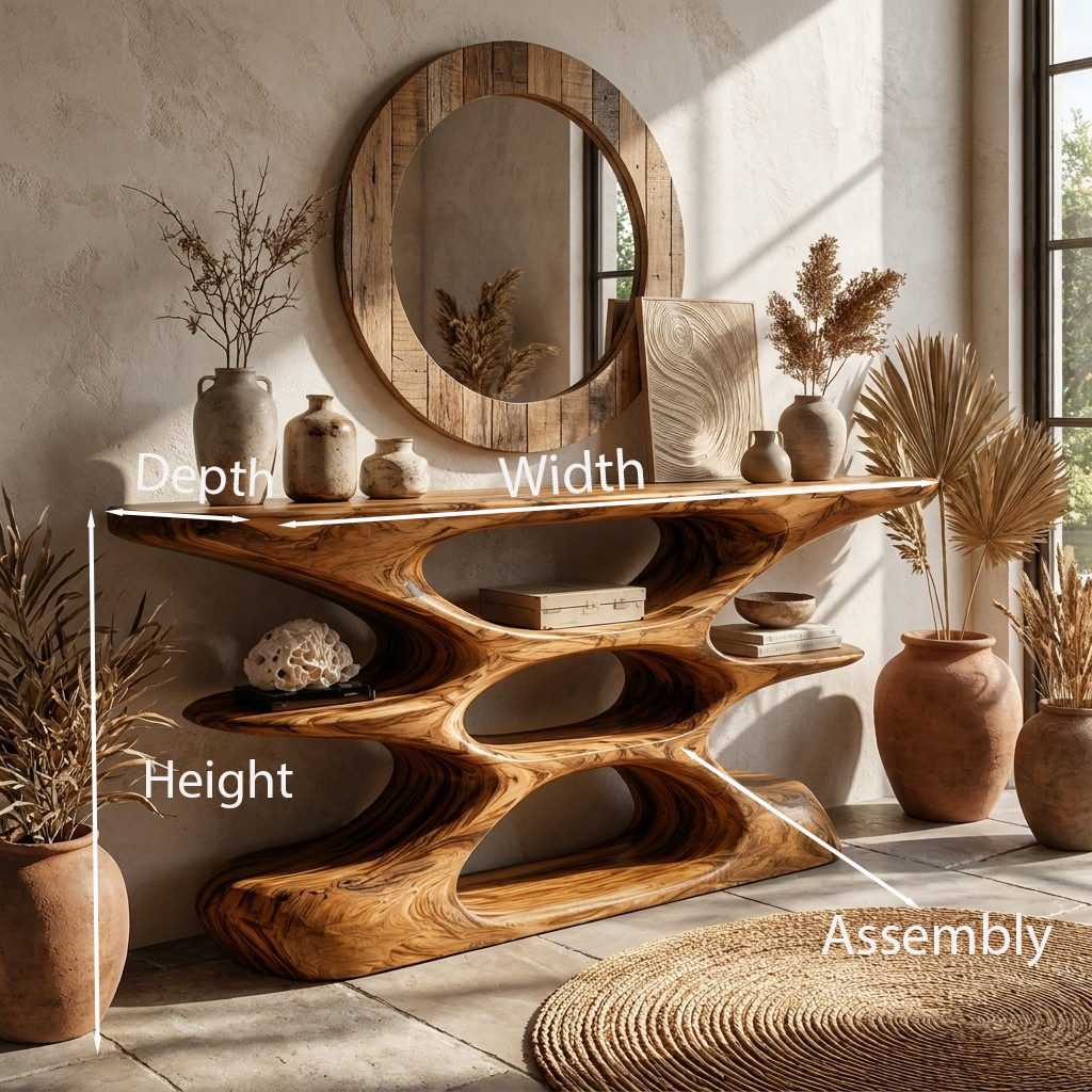 Layered Curve Wood Console With Open Cutout Shelves, 51 To 76 In