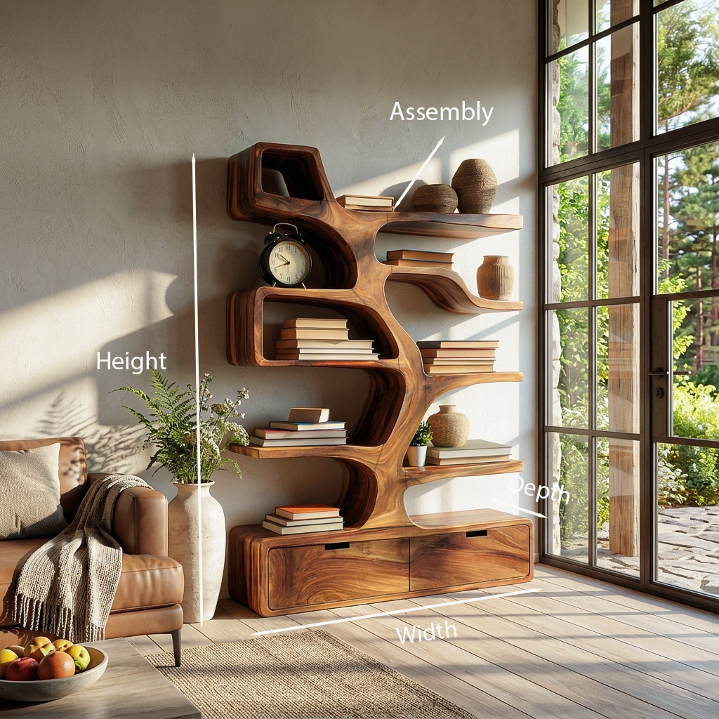 Freestanding Carved Wood Bookshelf With Flowing Sides, 59-79 Inch