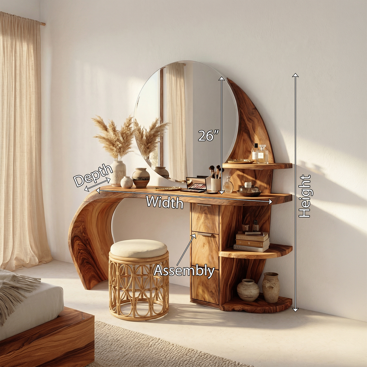 Makeup Vanity Desk, Classic Solid Wood Dressing Table with Shelves
