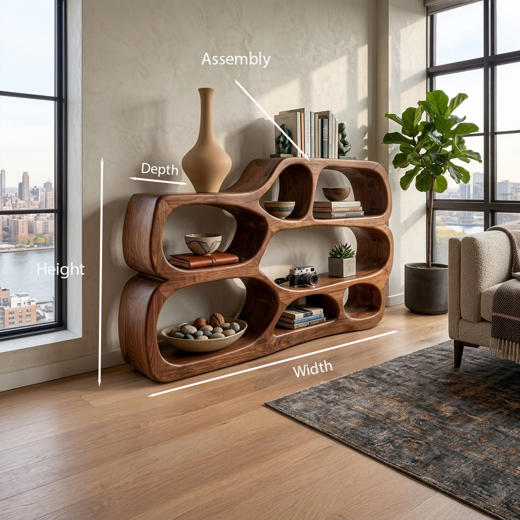 Low Wide Curved Bookshelf With Open Sculptural Shelves, 54 to 72 Inch