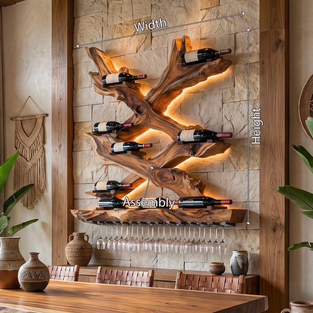 Wall-Mounted Monkeypod Wine Bottle Display, 37 to 53 in Square