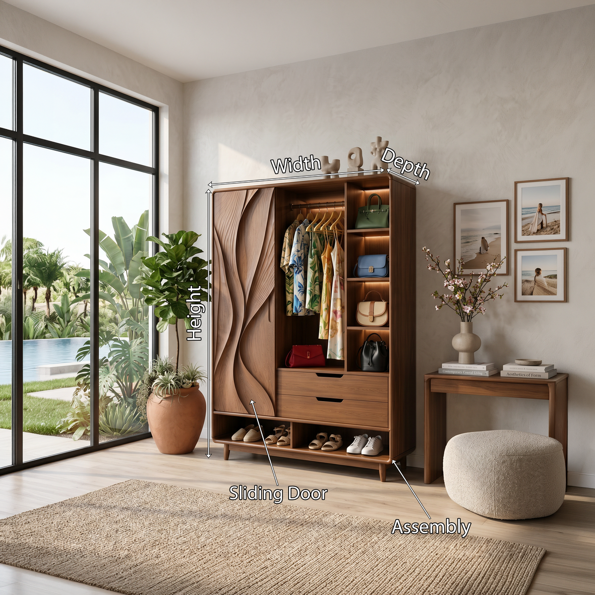 Tall Curved Front Wooden Wardrobe Armoire For Bedroom Clothing Storage