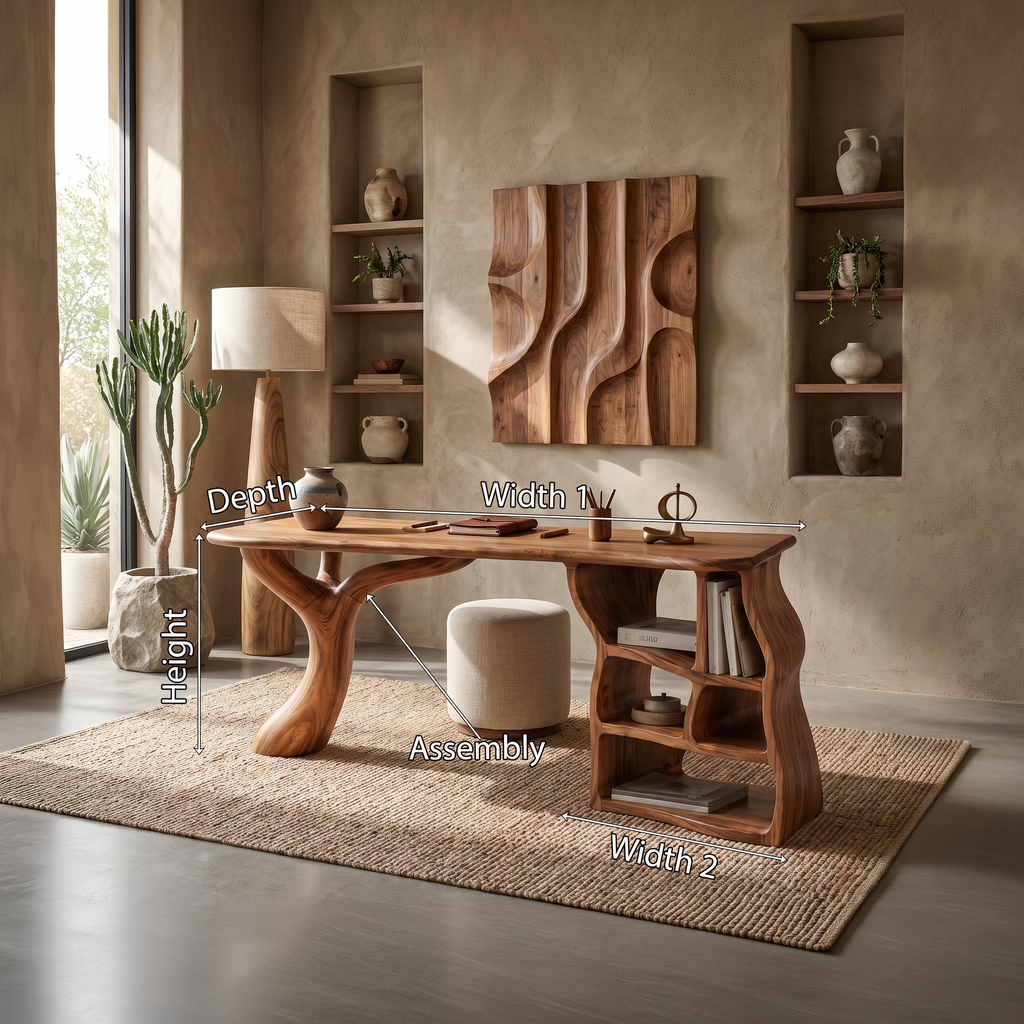 Sculptural Writing Desk With Drawers And Open Shelving