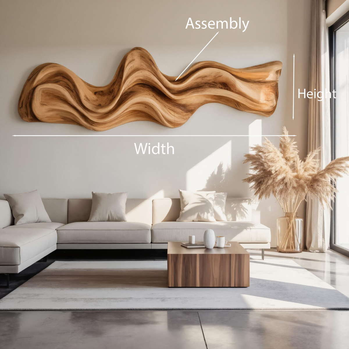 Long Rippled Wood Wall Sculpture, 39 to 71 Inch Wide Over-Sofa Art