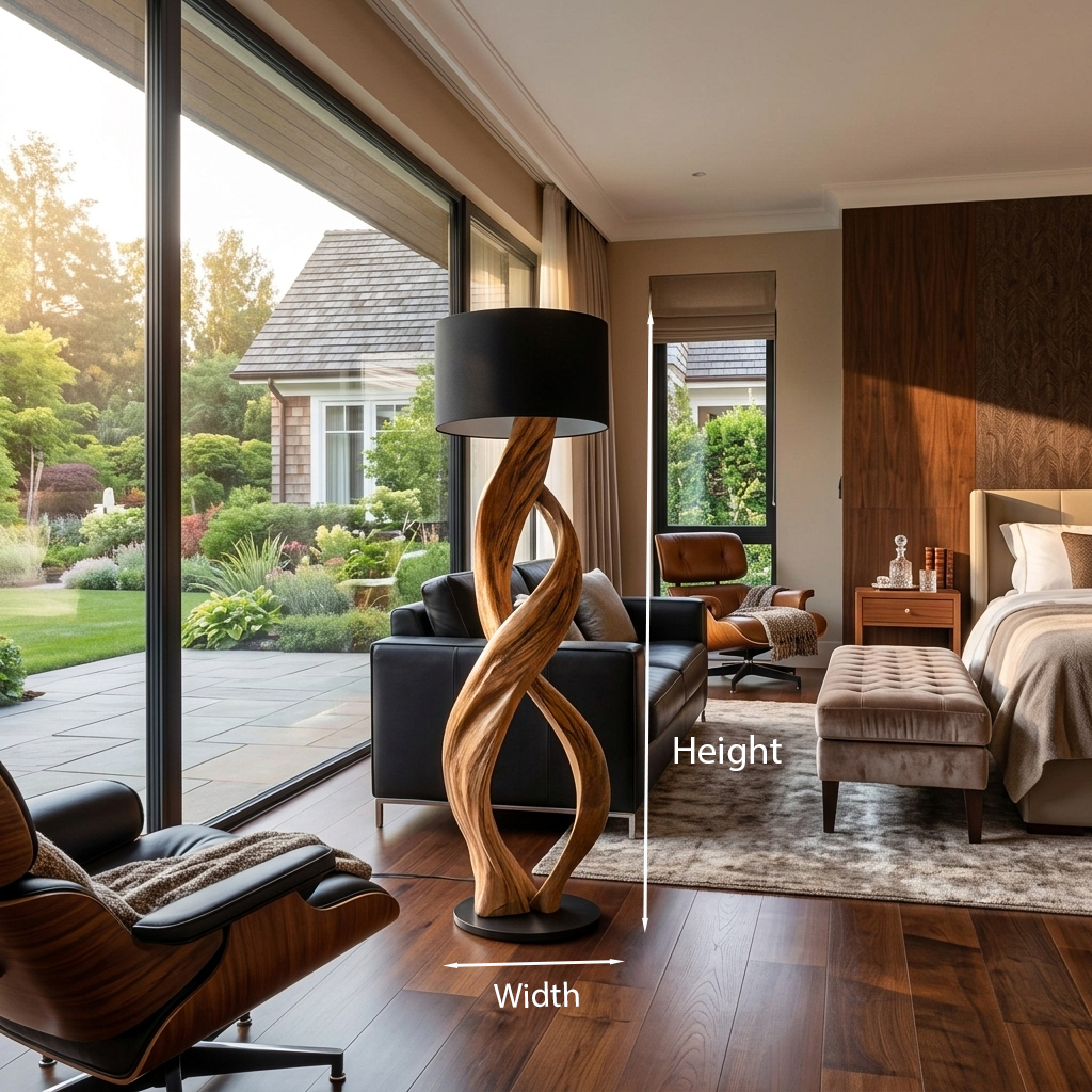 Twisting Wood Column Floor Lamp with Plain Shade, 39 to 63 in Tall
