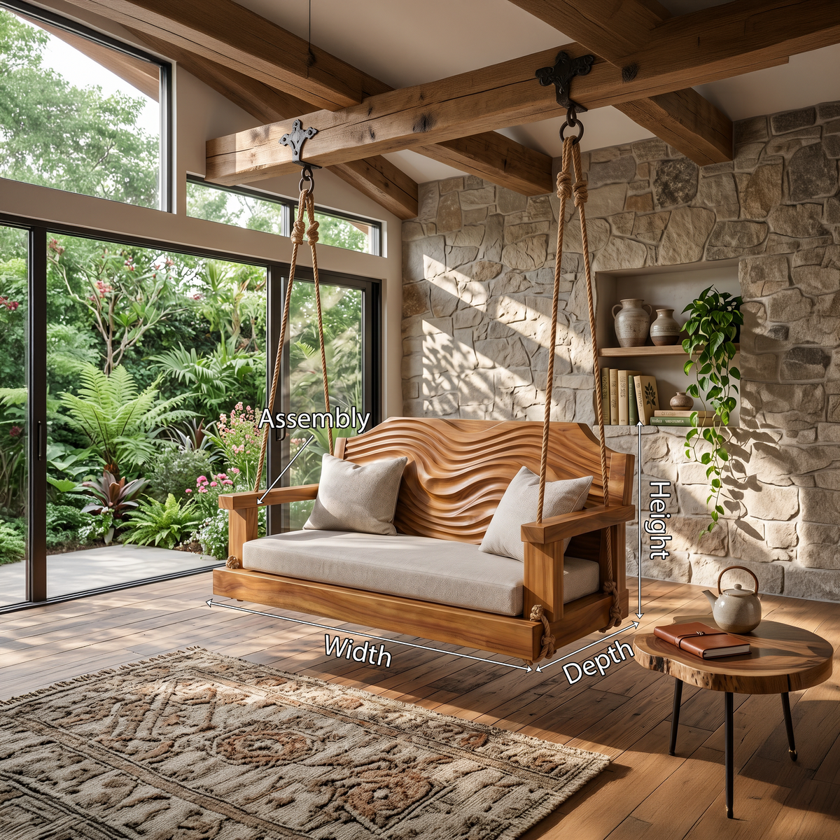 Hanging Wood Swing Chair With Carved Back For Indoor Reading Nooks