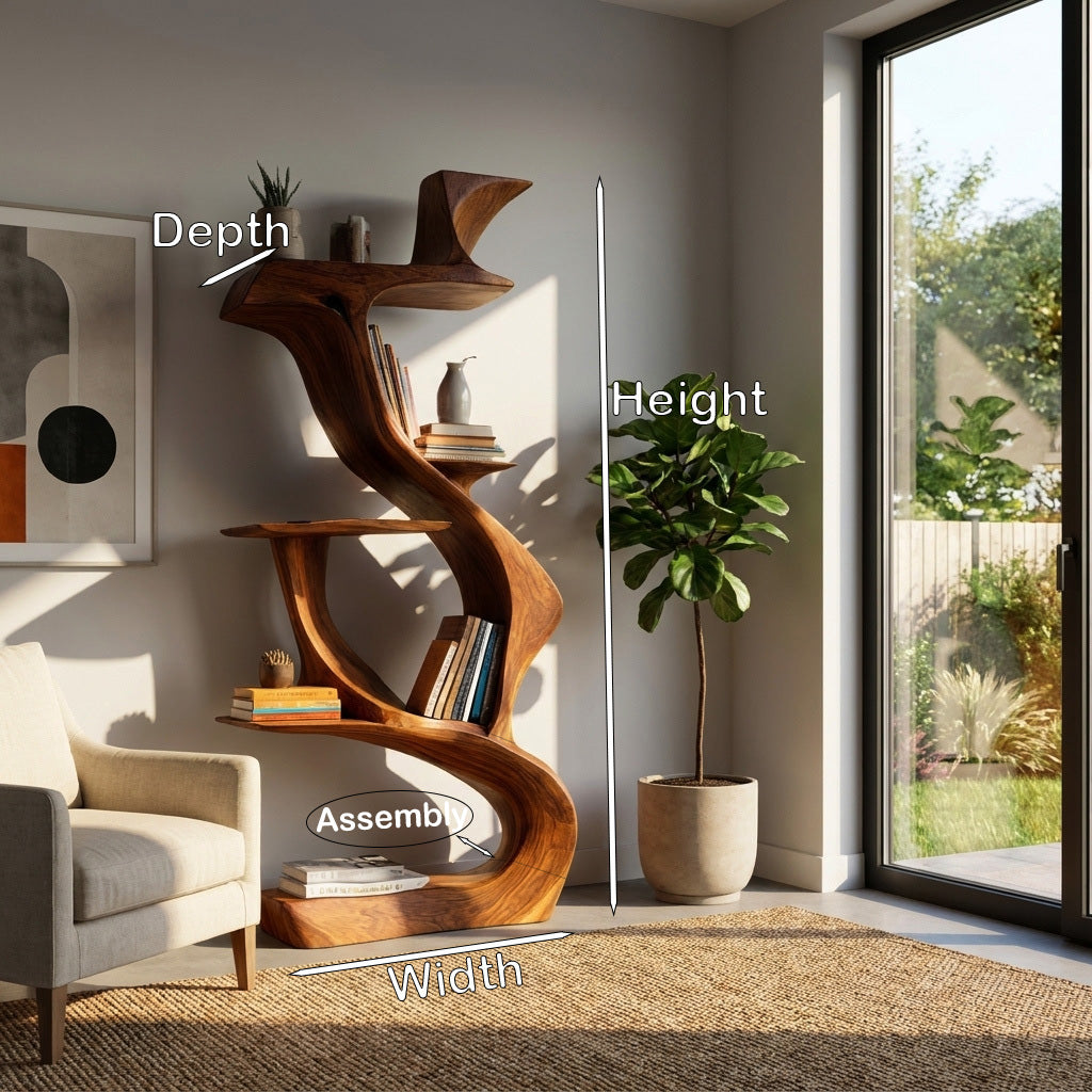 Sculptural Standing Bookcase, Freeform Natural Wood Bookshelf