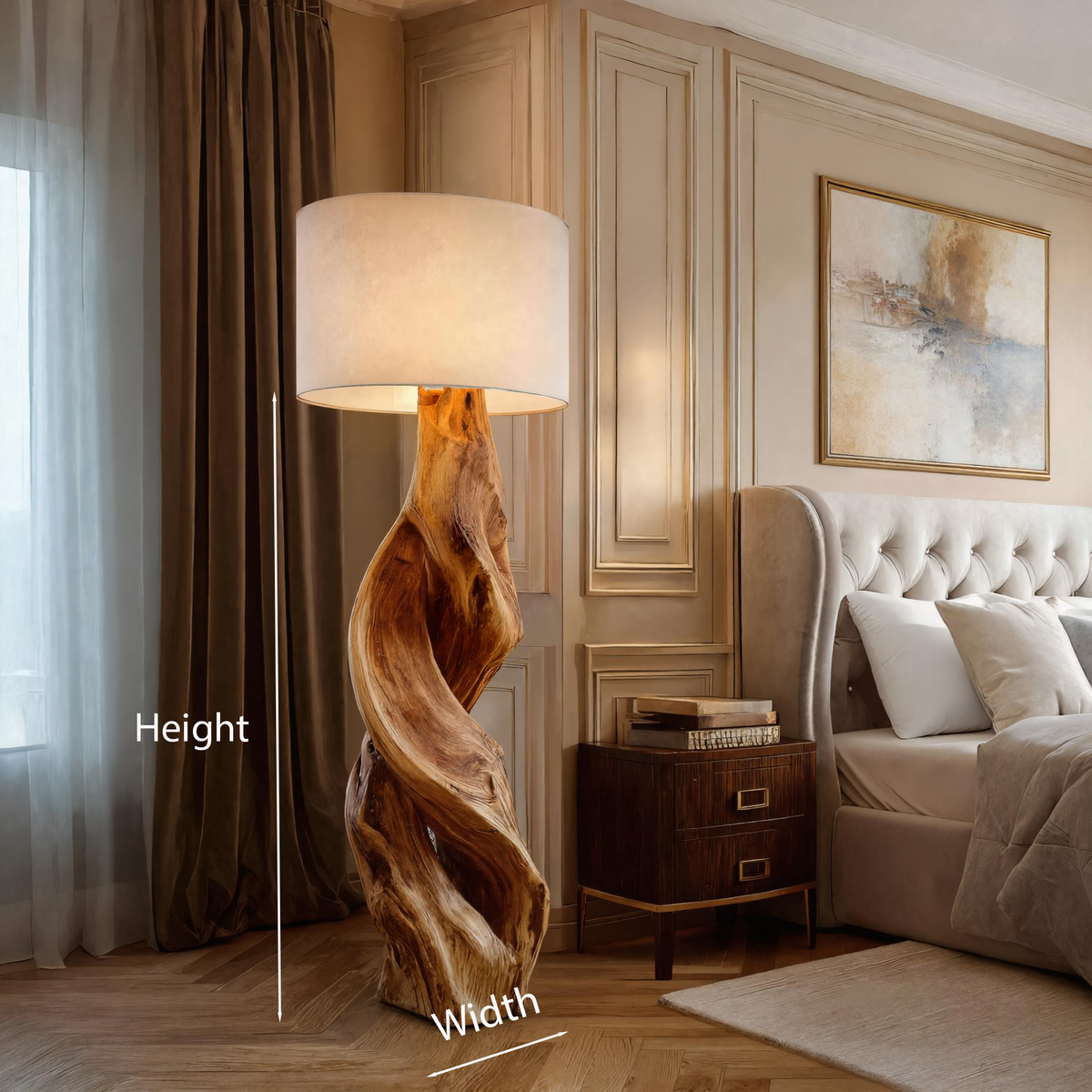 Hand-Shaped Twisting Wood Floor Lamp with Fabric Shade, 39-63 in