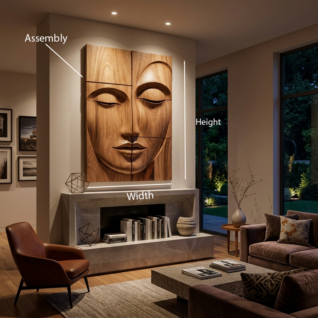 Multi-Panel Carved Wood Buddha Face Relief Wall Decor, 47-71 in