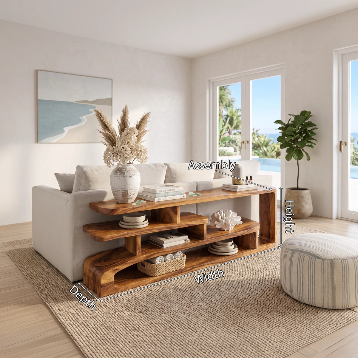 Long Shallow Layered Shelf Console For Narrow Hallways