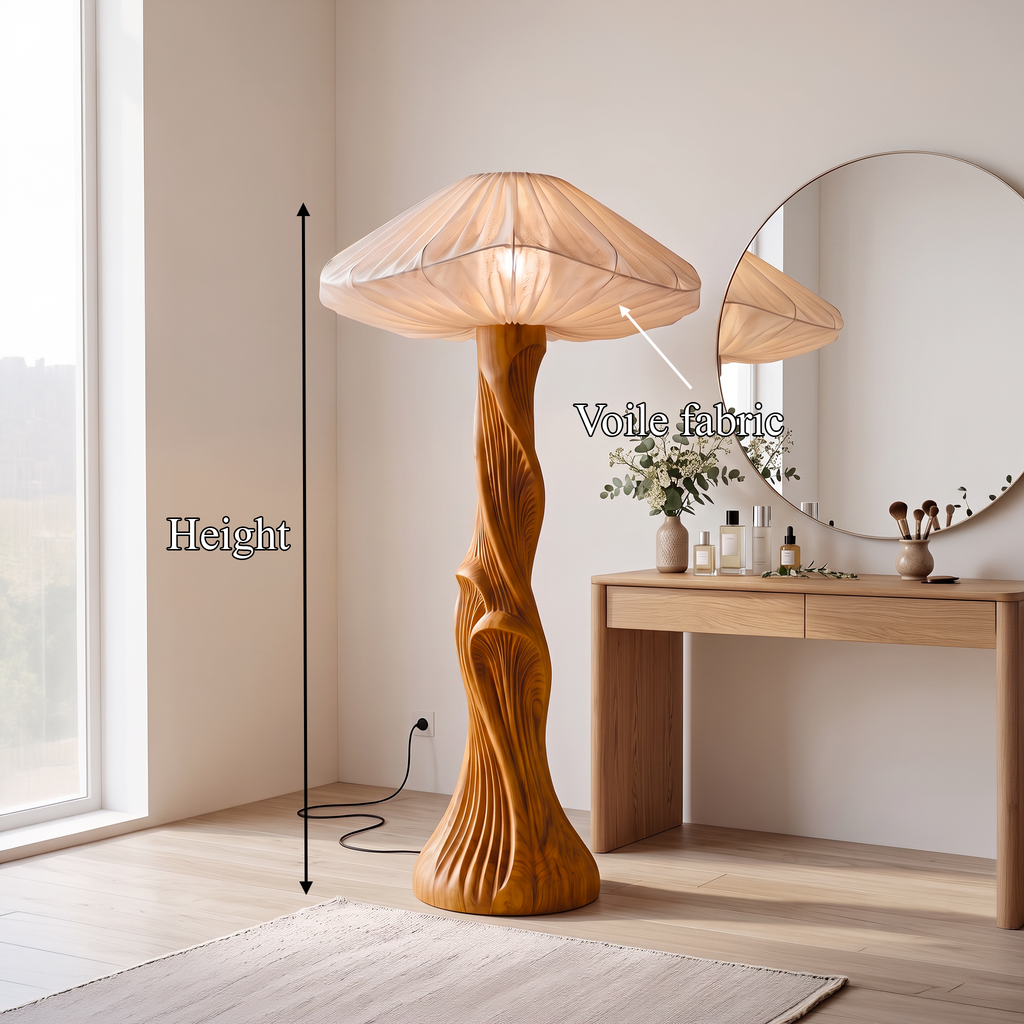Contemporary Floor Lamp Carved Wood Mushroom Shade Pedestal Lounge