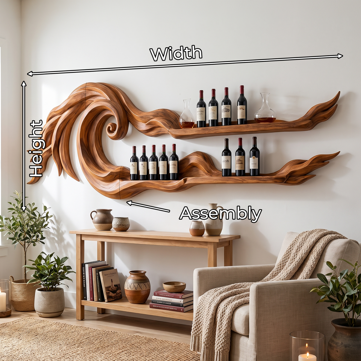 Long Wall-Mounted Wood Wine Rack For Beach Houses, 70 to 88 Inch