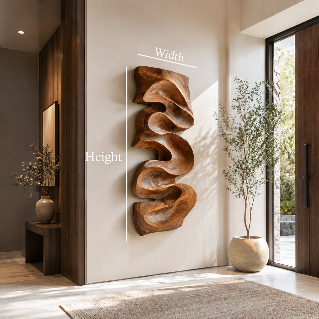 Tall Cascading Curve Carved Wood Wall Panel, 47 to 79 in High