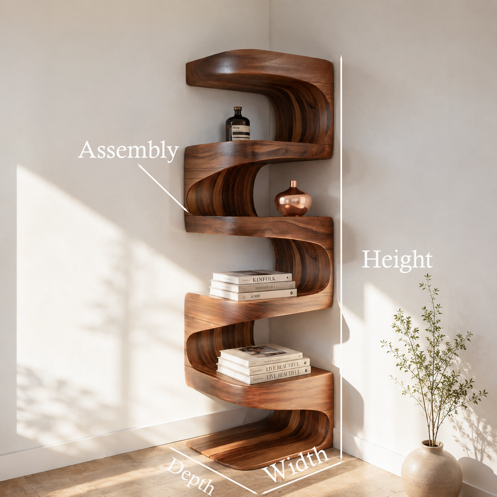 Flowing Wave Corner Shelf Unit in Solid Wood, 47 to 63 Inches Tall