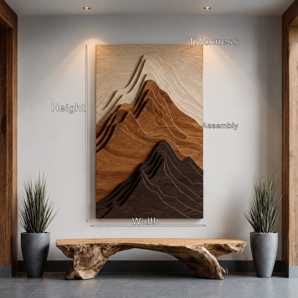 Vertical Mountain Relief Wood Wall Sculpture For Entryways