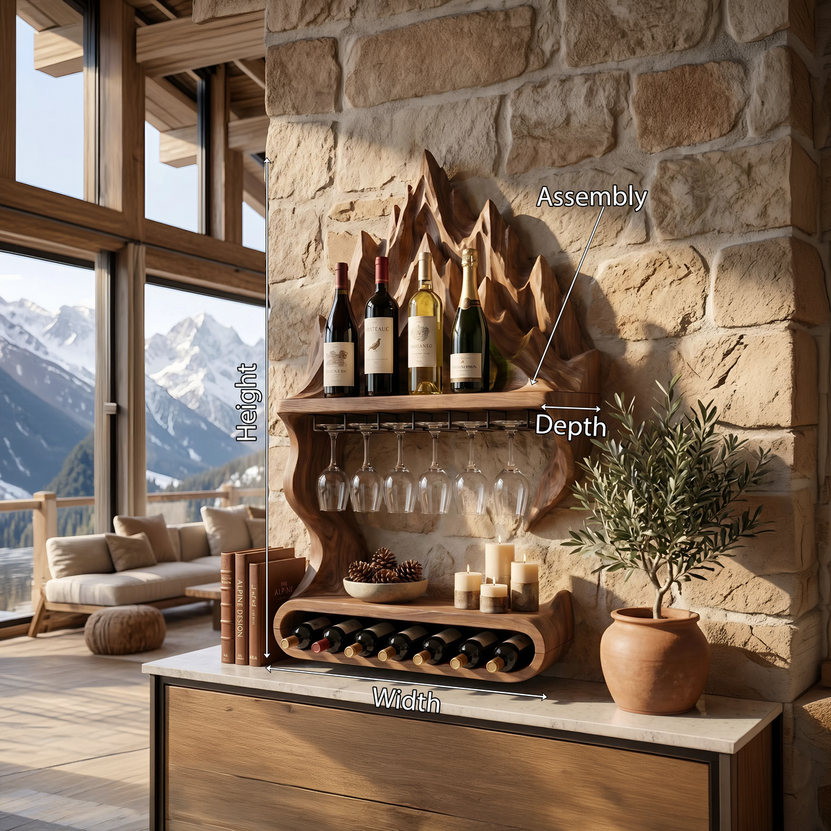 Mountain Contour Wall Wine Shelf For Bottles, 48 to 60 Inch Tall