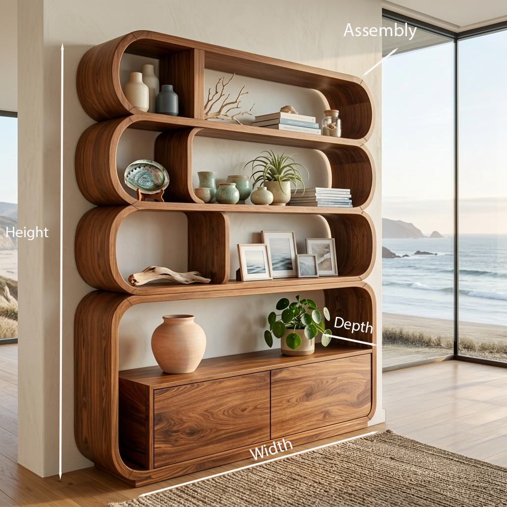 Modern Natural Wood Bookshelf With Curved Structure