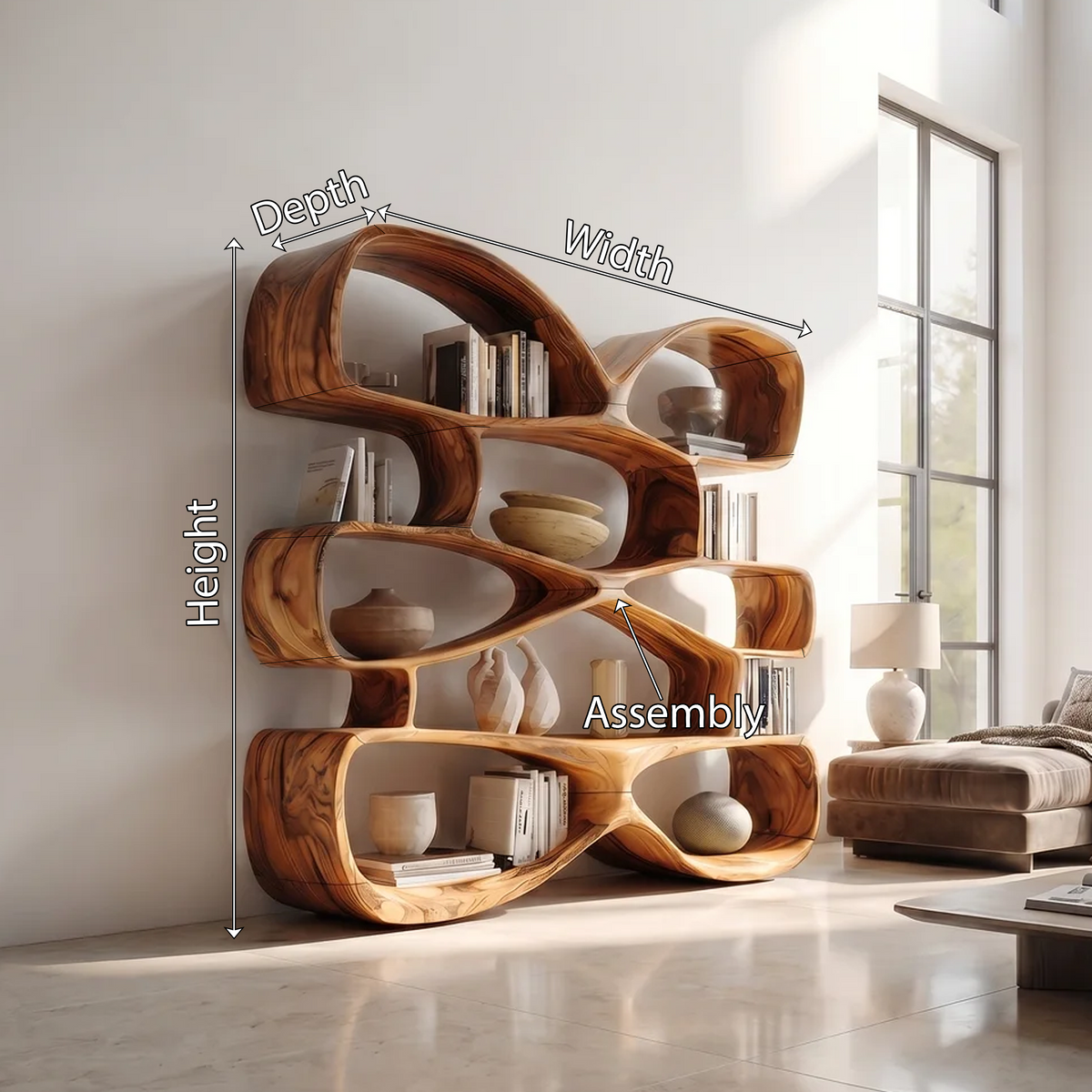 Fluid Biomorphic Wood Bookshelf For Books, Ceramics And Plants
