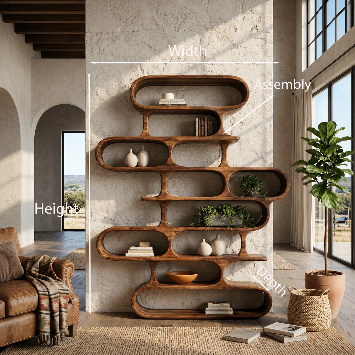 Flowing Curved Frame Wood Bookcase for Office, 63 to 79 in Tall