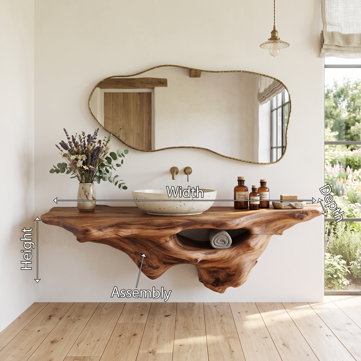 Solid Oak Live Edge Wall-Hung Bathroom Vanity Shelf, Farmhouse