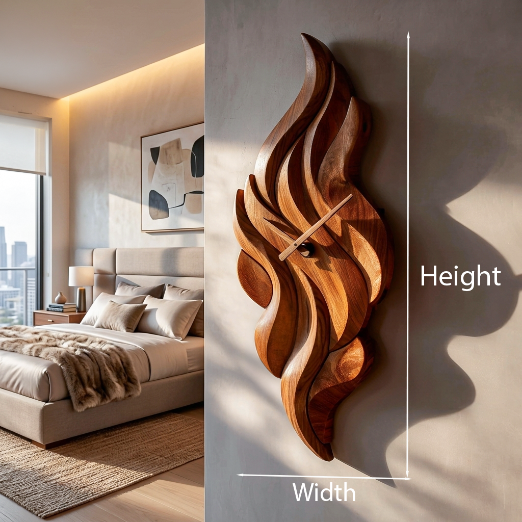 Modern Wooden Wall Clock with Sculptural Wave Carving