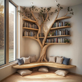 Corner Bench with Tree Bookshelf, L-Shaped Reading Nook Seating