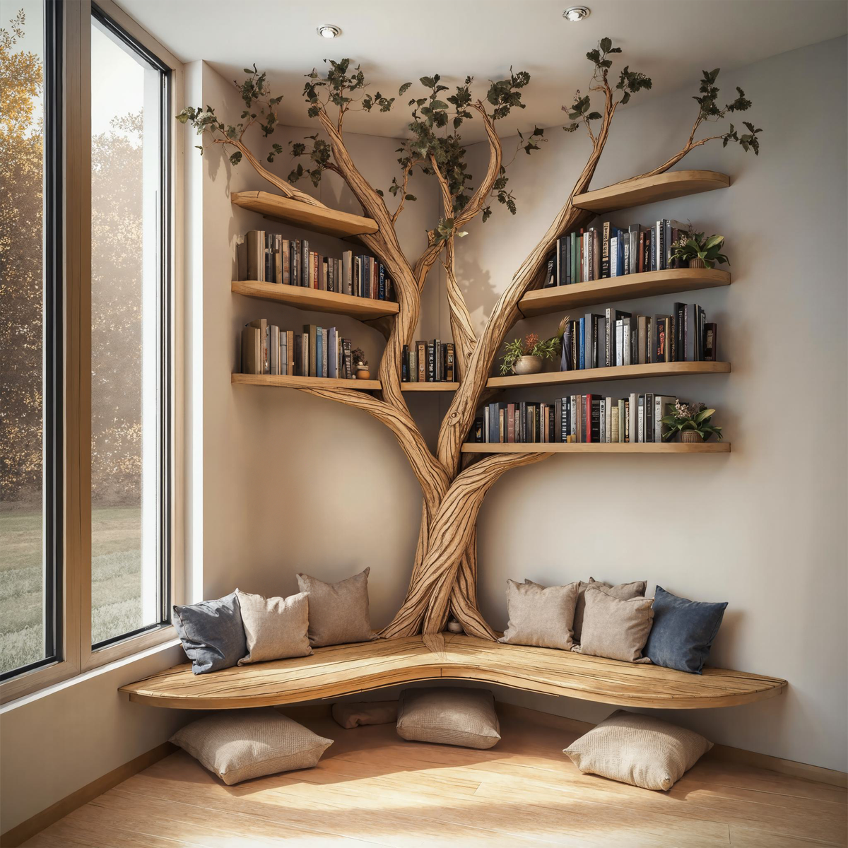 Corner Bench with Tree Bookshelf, L-Shaped Reading Nook Seating