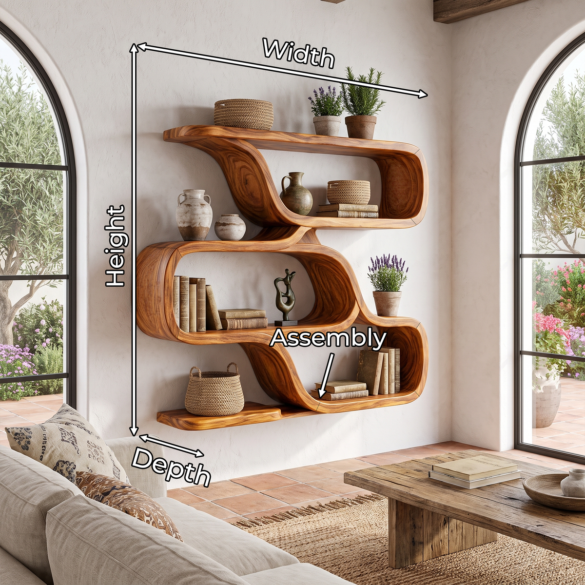 Rounded Open Wood Wall Shelving Unit For Entryways, 50 To 76 Inch