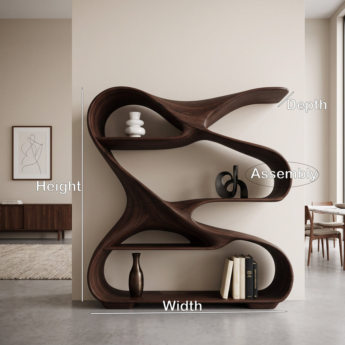 Freeform Curved Wood Display Shelf for Home Office, 47 to 79 in Tall
