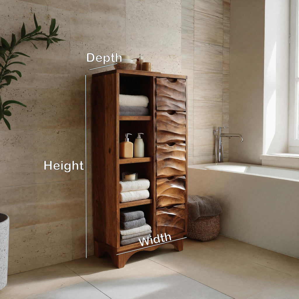 Spa Bathroom Cabinet With Textured Drawers And Open Shelves
