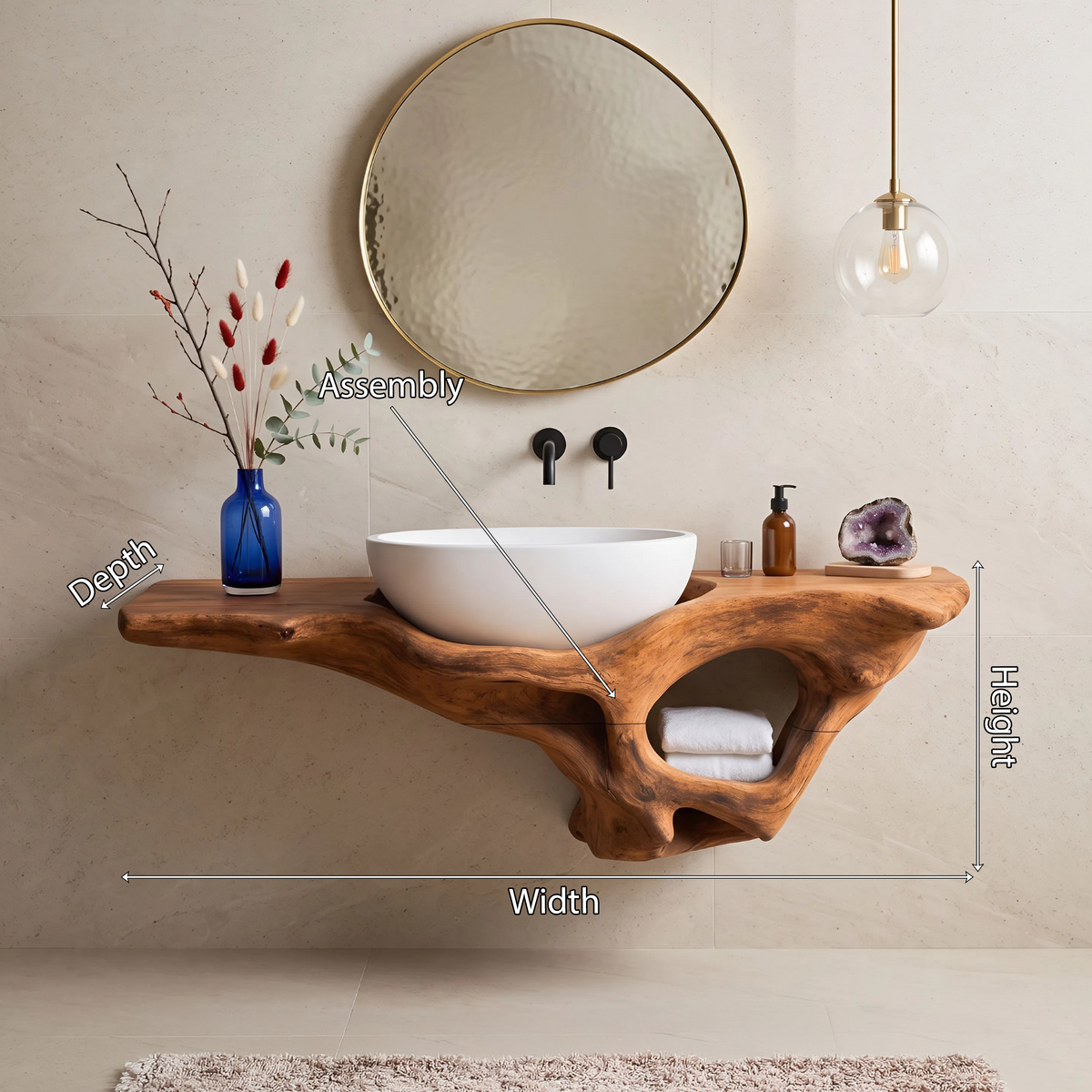 Mid-Century Live Edge Solid Wood Bathroom Vanity Shelf