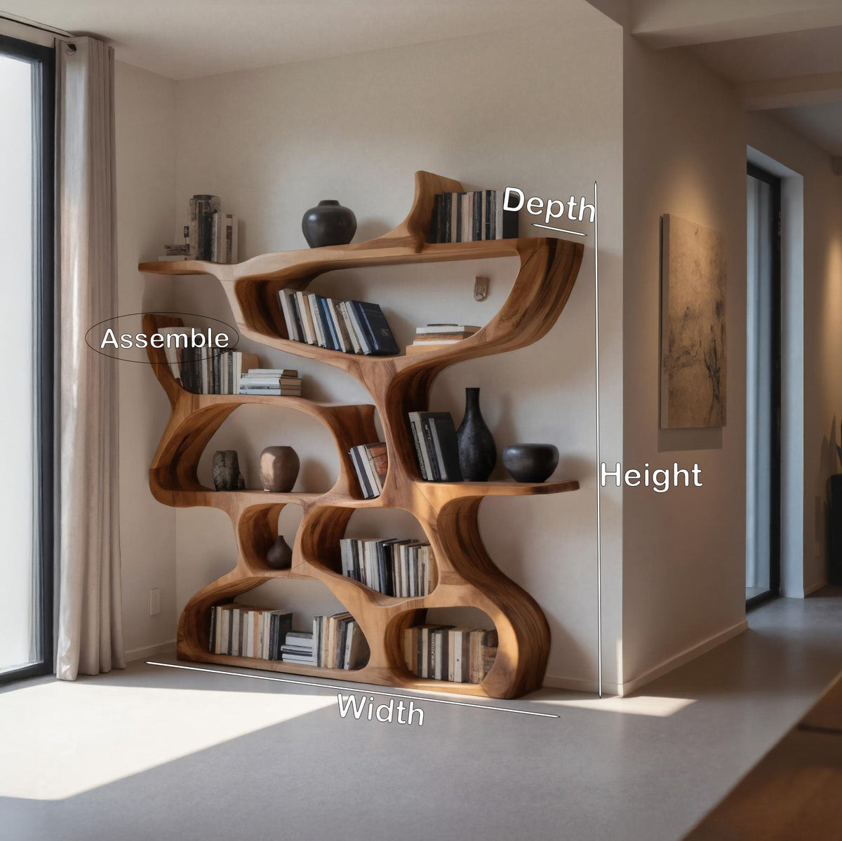 Freeform Carved Wood Bookcase with Irregular Open Cubbies, 47-79 In Tall