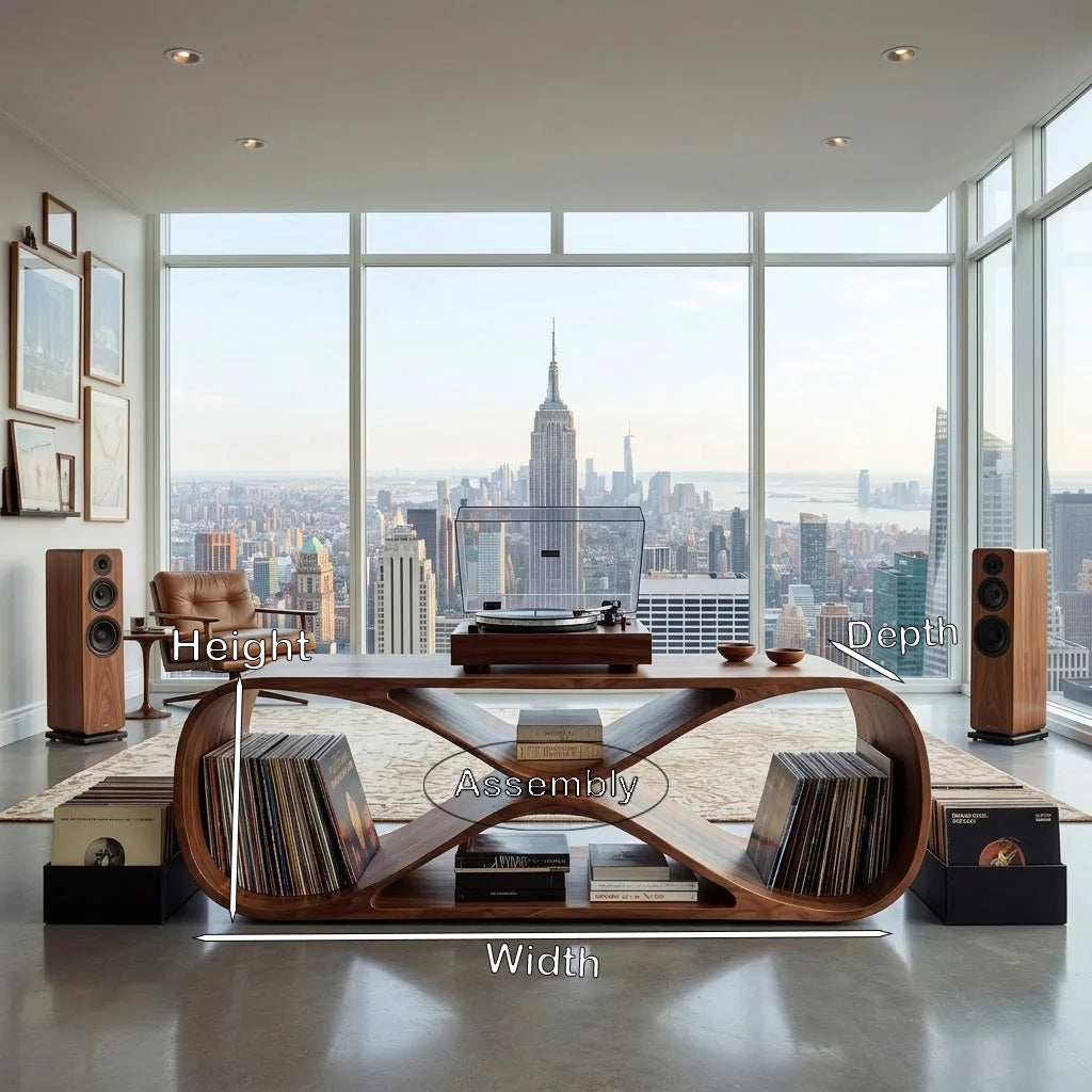 Curved Wood Vinyl Record Cabinet With Turntable Top, 44 To 71 Inch