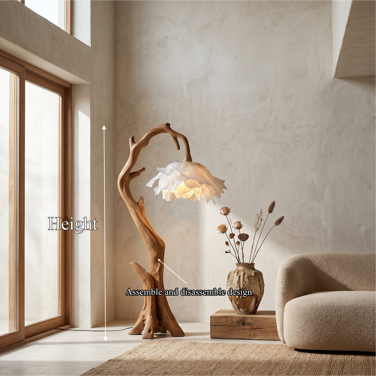 Wood Base Floor Lamp with Flower-Shaped Shades, 51 or 61 in Tall