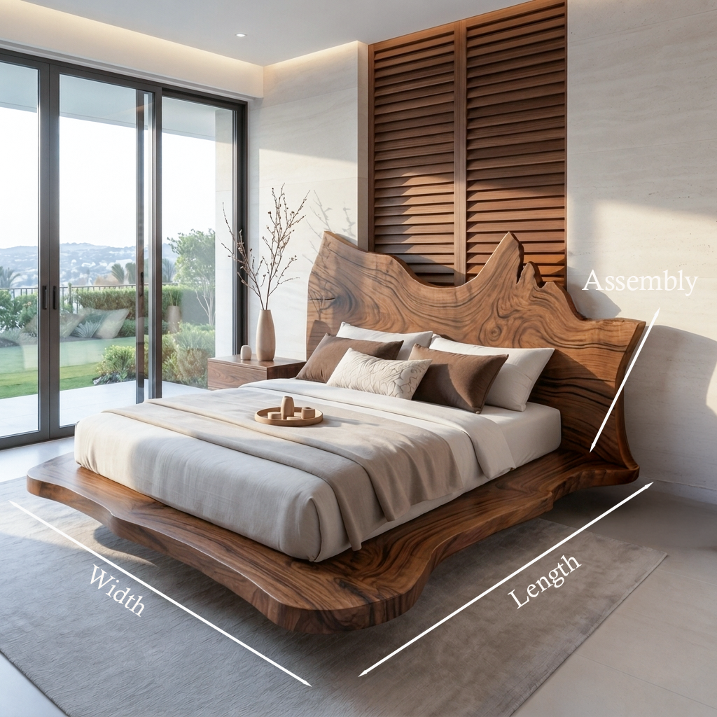 Layered Live Edge Platform Bed With Bold Headboard, EU Sizes