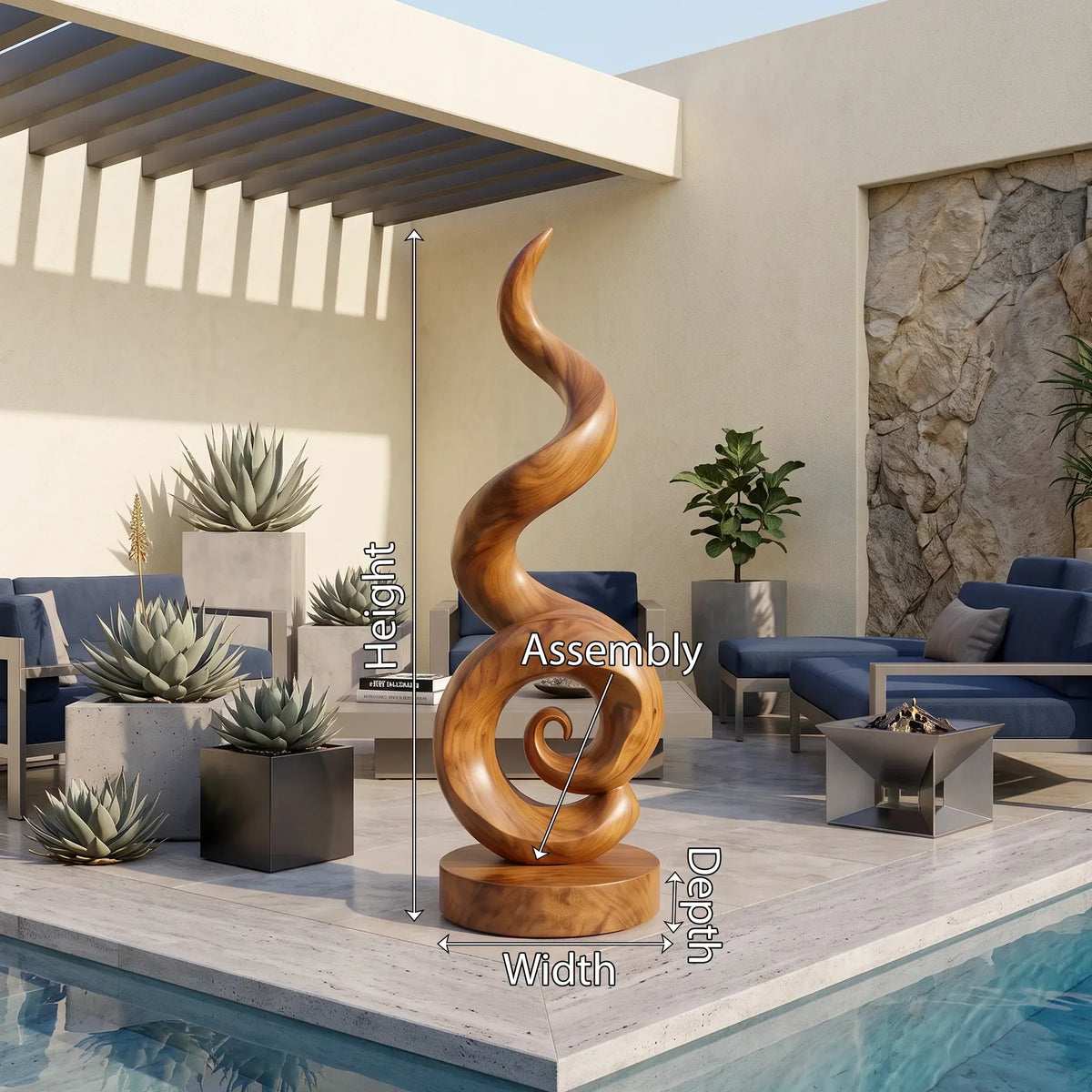 Coiling Spiral Carved Wood Sculpture For Poolside Patios