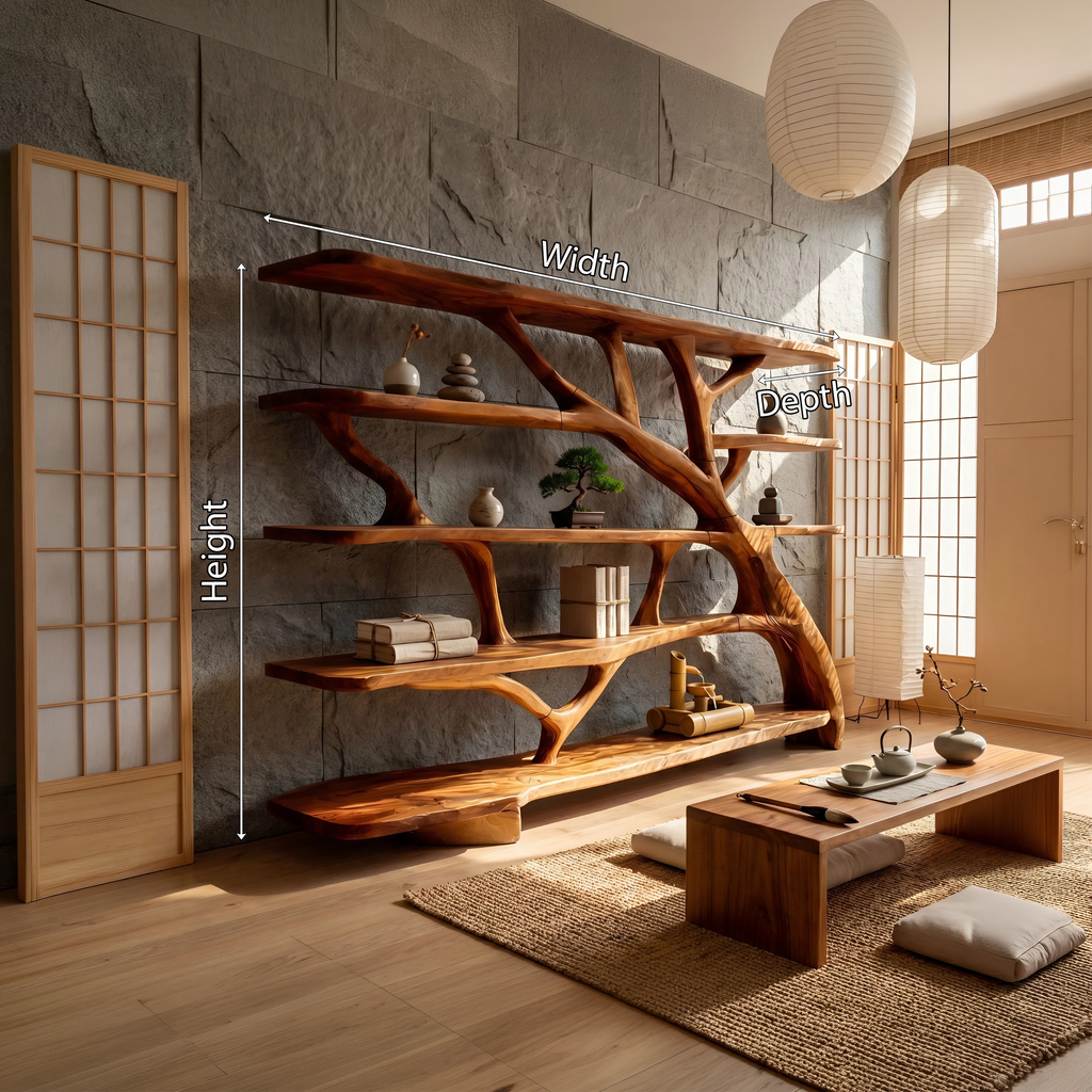 Asymmetric Wavy Wood Bookcase for Bedroom or Reading Nook, 59-83 in
