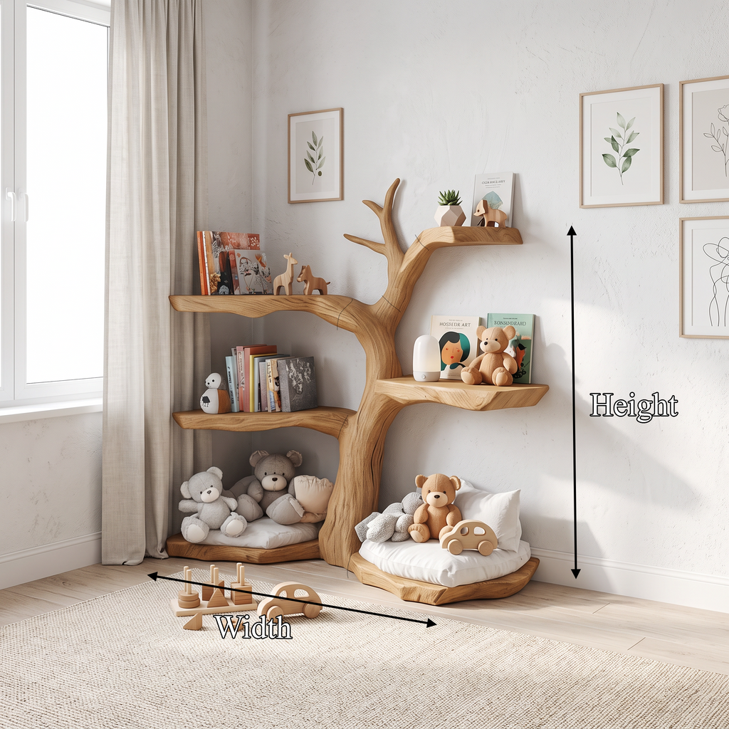 Corner Tree Bookshelf for Kids Room, Solid Wood Toy and Book Shelf