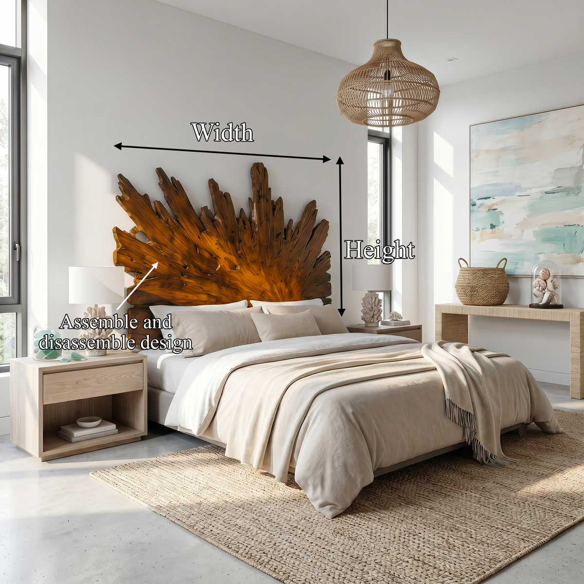 Radiating Sunburst Carved Wood Headboard For Queen Or King Beds