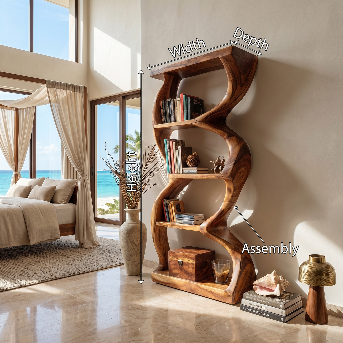 Soft Curve Wooden Bookcase With Open Shelves, 47 to 79 Inch