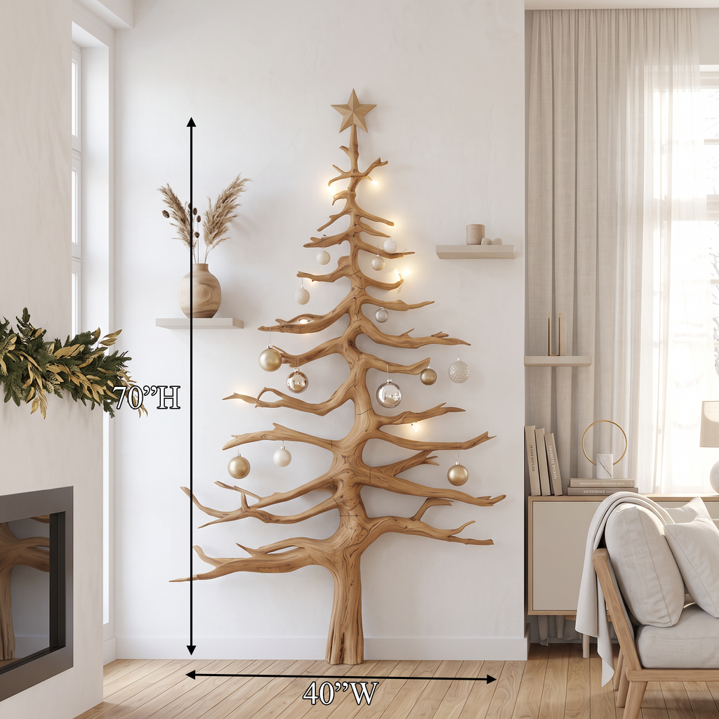 Evergreen Tree Shaped Wood Wall Shelf with Crossed Branches, 70 in